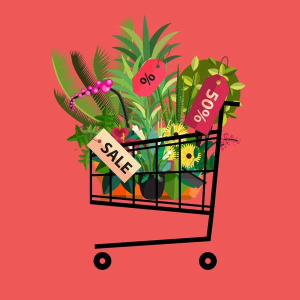 Florista shop.Shopping carrinho com plants.Flower loja design plano . — Vetor de Stock
