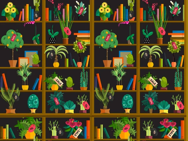 Plantas en maceta de interior en estantes conjunto aislado ilustración de estilo plano — Vector de stock