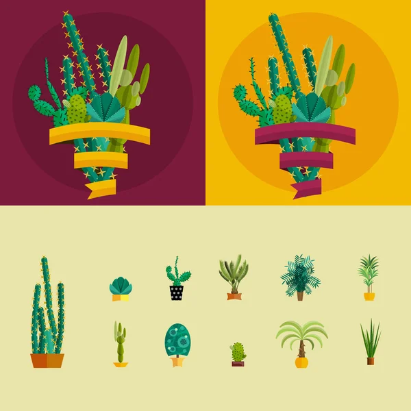 Plantas tropicales, vector de cactus en estilo plano . — Vector de stock