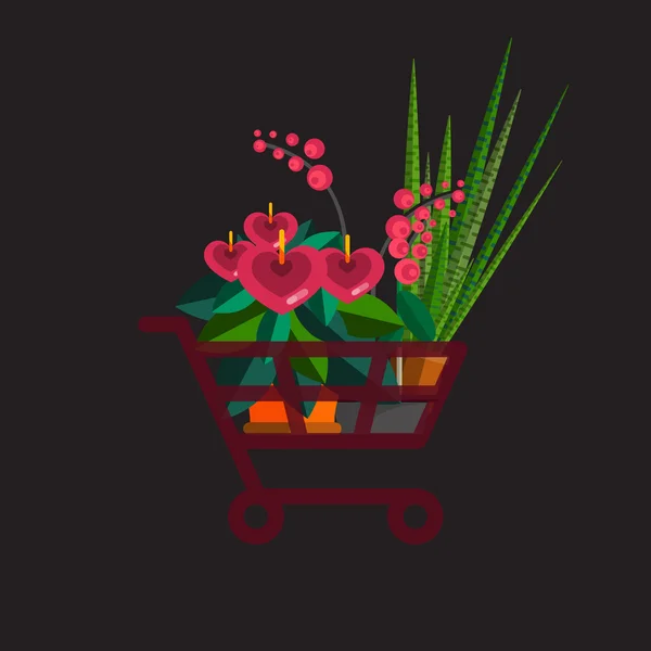 Florista shop.Shopping carrinho com plants.Flower loja design plano . — Vetor de Stock