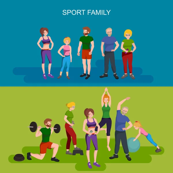 Spor ve Fitness insanlar, sağlıklı aile vektör çizim.