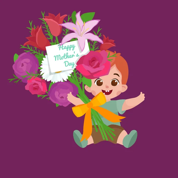 Vector ilustración saludo carrito bebé niño feliz día de las madres — Vector de stock