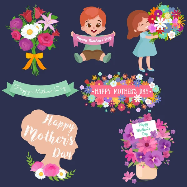 Bebé y niño con flores de ramo Feliz Día de las Madres — Vector de stock