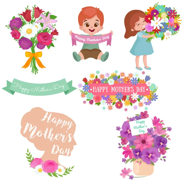 Bebé y niño con flores de ramo Feliz Día de las Madres — Vector de stock