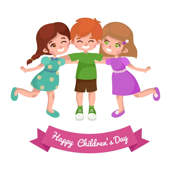 Vector illustration kids playing, greeting card happy childrens day background — Stock Vector