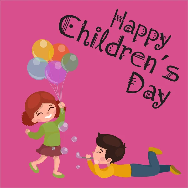 Vector illustration kids playing, greeting card happy childrens day background — Stock Vector