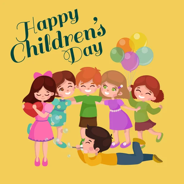 Ilustración vectorial niños jugando, tarjeta de felicitación niños feliz día fondo — Archivo Imágenes Vectoriales