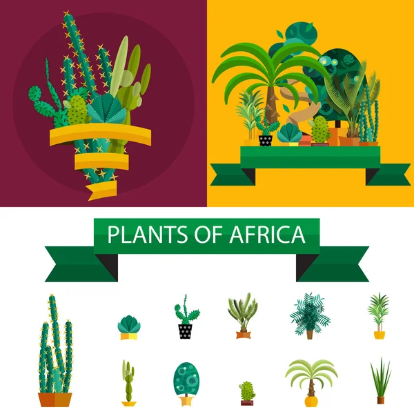Plantes africaines. Palmiers, fleurs et herbe verte, fond blanc — Image vectorielle