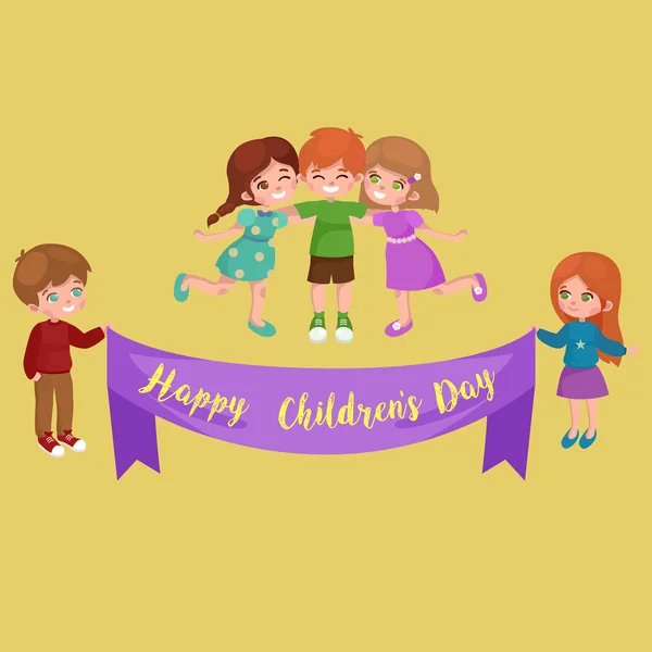 Ilustración vectorial niños jugando, tarjeta de felicitación niños feliz día fondo — Vector de stock