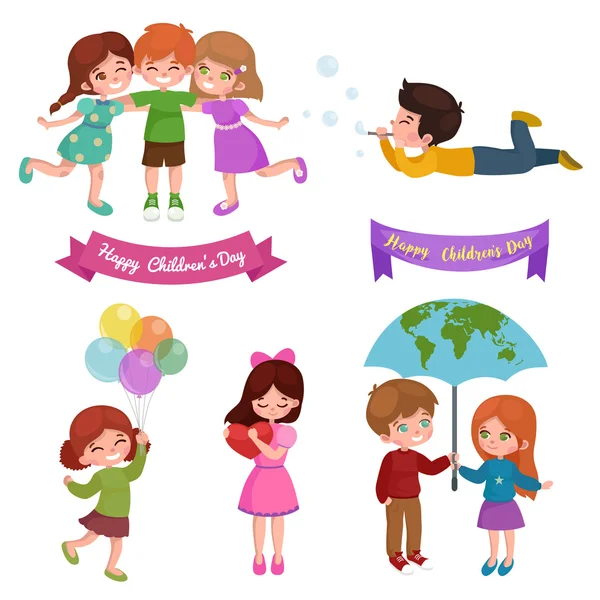 Vector illustration kids playing, greeting card happy childrens day background — Stock Vector