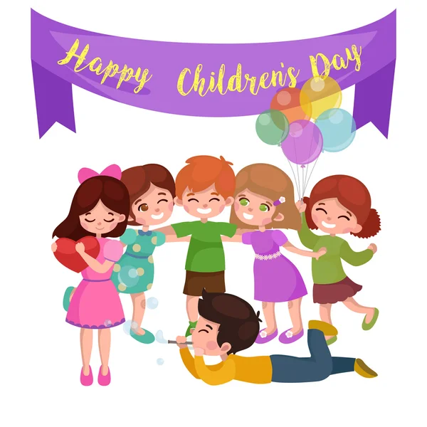 Ilustración vectorial niños jugando, tarjeta de felicitación niños feliz día fondo — Vector de stock