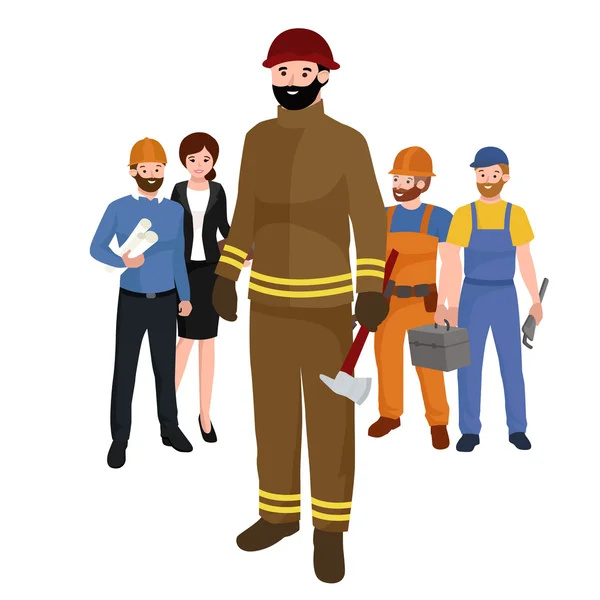 Profesiones hombre bombero. Trabajadores equipo aislado vector ilustración — Vector de stock