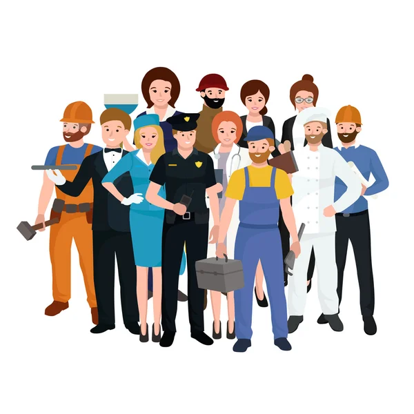 Equipo de trabajadores del sistema, uniforme de la gente de la profesión, ilustración del vector de dibujos animados — Vector de stock