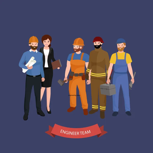 Ingeniero civil, arquitecto y grupo de trabajadores de la construcción. Trabajadores personas — Vector de stock