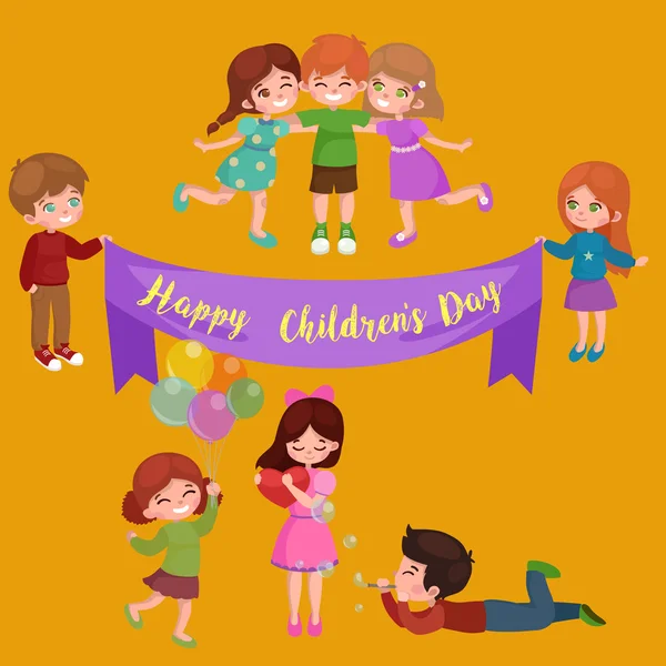 Vektor Illustration Kinder spielen, Grußkarte glücklich Kindertag Hintergrund — Stockvektor