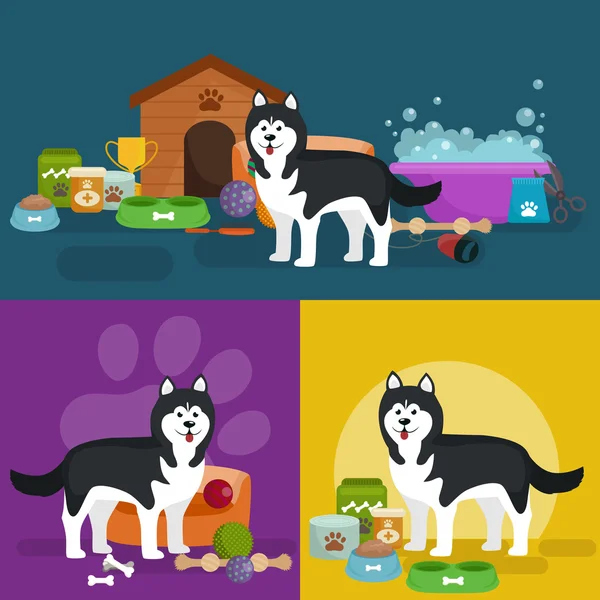 Pet shop, dog goods and supplies, store products for care — Stock Vector