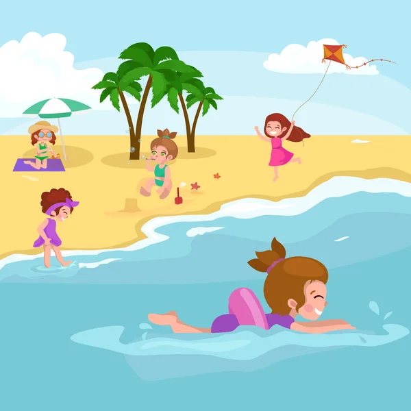 Zomer kinderen. Kinderen spelen in het zand op strand — Stockvector