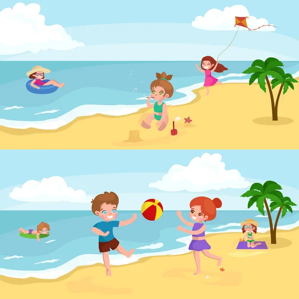 Niños de verano. Niños jugando en la arena en la playa — Archivo Imágenes Vectoriales
