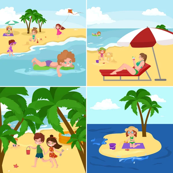 Zábava na pláži. Šťastné děti vhodné písek kolem vody — Stockový vektor