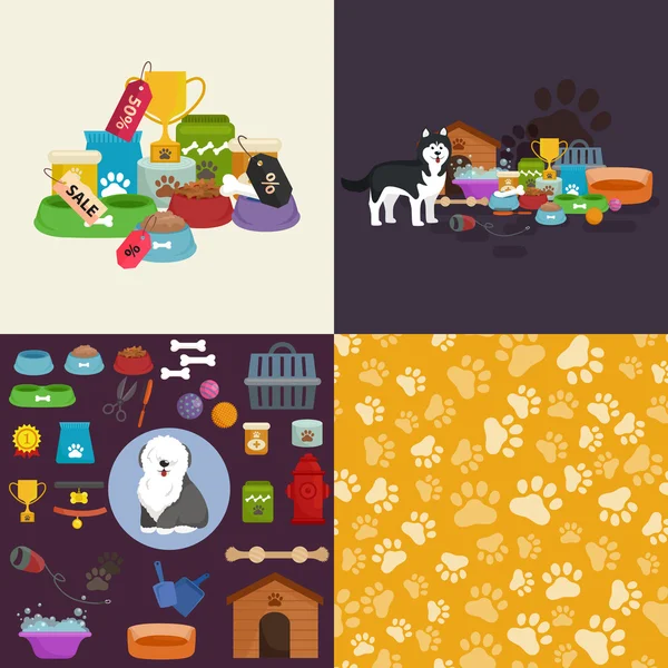 Tienda de mascotas, artículos para perros y suministros, tienda de productos para el cuidado — Vector de stock