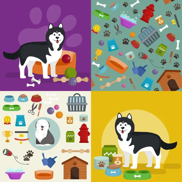 Pet shop, dog goods and supplies, store products for care — Stock Vector