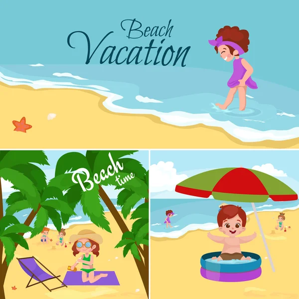 Vacanze estive per bambini. Bambini che giocano a sabbia intorno all'acqua sulla spiaggia — Vettoriale Stock