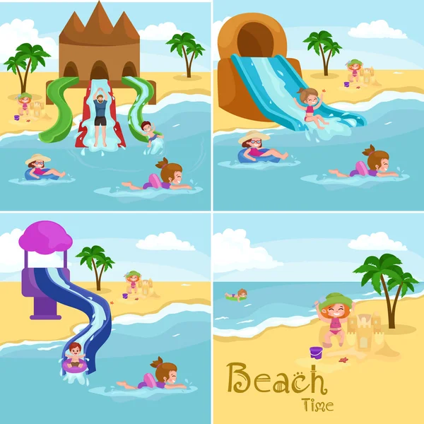 子供たちは夏休み。子供たちがビーチで水周り再生砂 — ストックベクタ