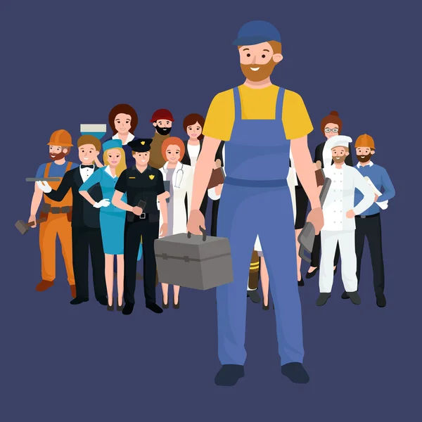 Equipo de trabajadores del sistema, uniforme de la gente de la profesión, ilustración del vector de dibujos animados — Vector de stock