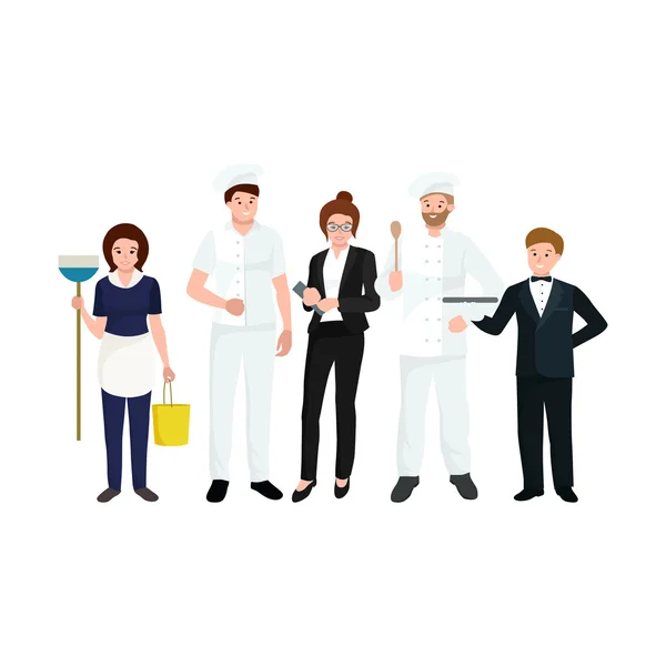 餐厅团队， 男子烹饪厨师， 经理， 服务员， 清洁女工. — 图库矢量图片