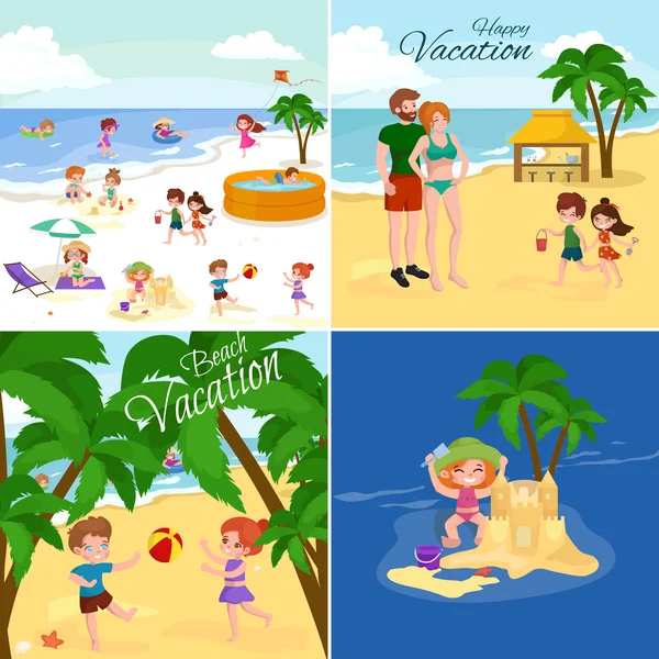 Children summer vacation. Kids Playing sand around water on beach — Stock Vector