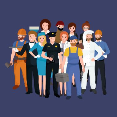 set workers team, profession people uniform, cartoon vector illustration clipart