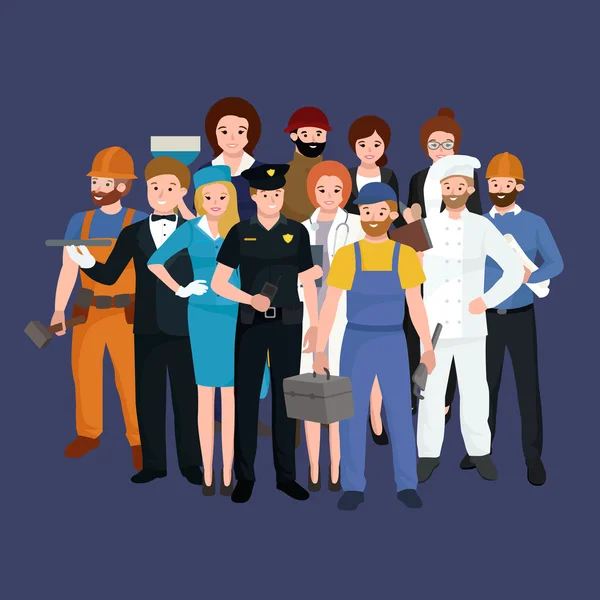 Equipo de trabajadores del sistema, uniforme de la gente de la profesión, ilustración del vector de dibujos animados — Vector de stock