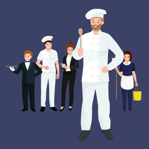 Equipo de restaurante, hombre cocinero, gerente, camarero, mujer de limpieza . — Vector de stock