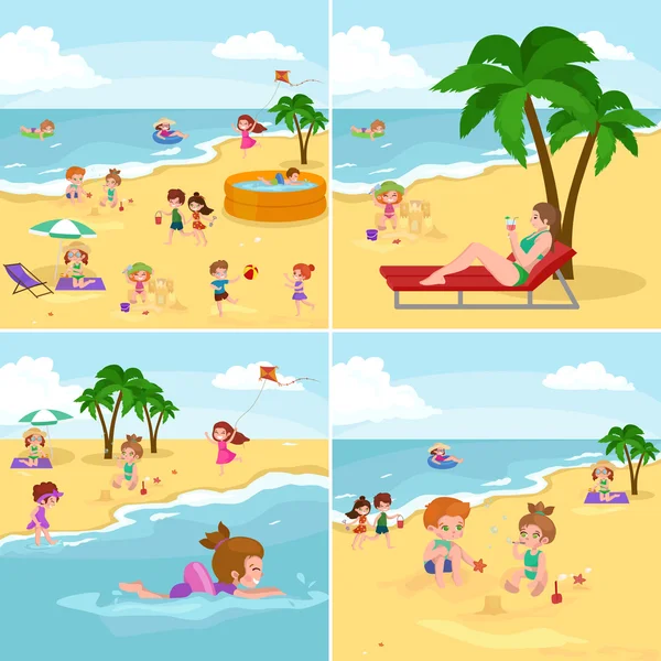 Niños de verano. Niños jugando en la arena en la playa — Vector de stock