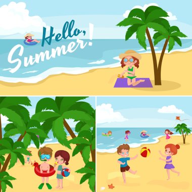 Çocuk yaz tatili. Oyun kum plajındaki su etrafında çocuklar