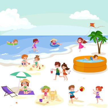 Çocuk yaz tatili. Oyun kum plajındaki su etrafında çocuklar