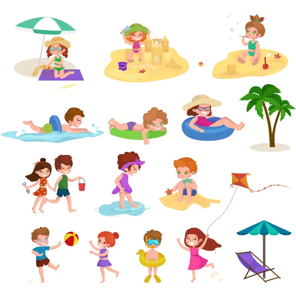 Crianças de verão. Crianças brincando na areia na praia —  Vetores de Stock