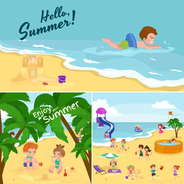 Παιδιά το καλοκαίρι. Τα παιδιά που παίζουν στην άμμο στην παραλία — Διανυσματικό Αρχείο
