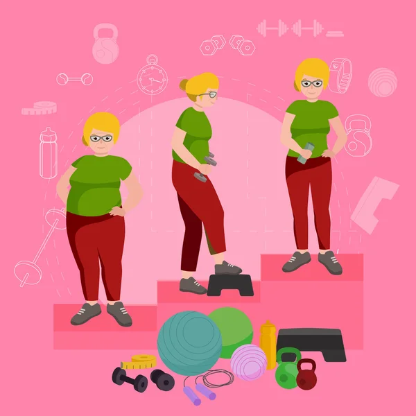 Vor und nach der Gewichtsabnahme Frauen Konzept Fitness Vektor Illustration — Stockvektor