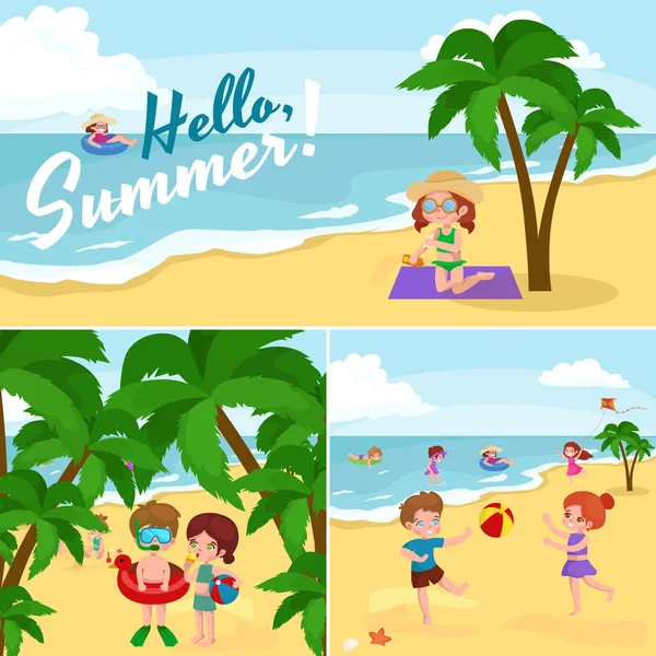 Çocuk yaz tatili. Oyun kum plajındaki su etrafında çocuklar