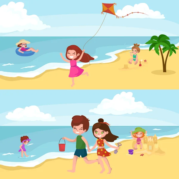 Diversão na praia. Crianças felizes arando areia ao redor da água —  Vetores de Stock
