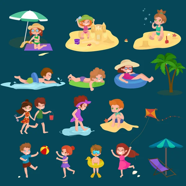 Diversión en la playa. Niños felices trenzando arena alrededor del agua — Vector de stock