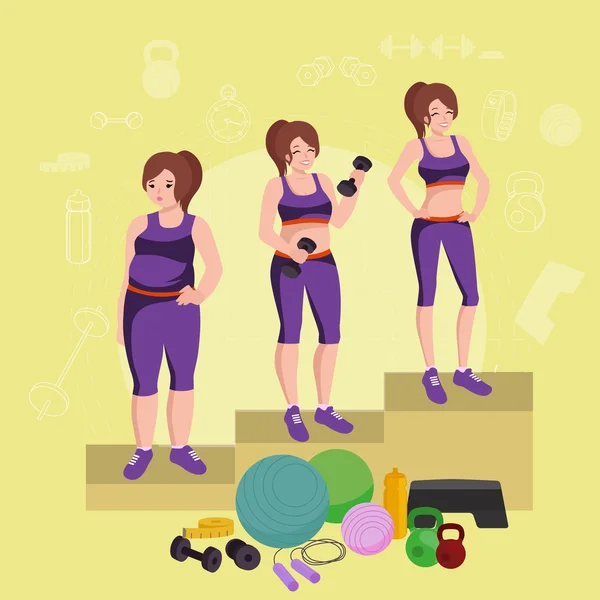 Prima e dopo la perdita di peso donne concetto di fitness vettoriale illustrazione — Vettoriale Stock