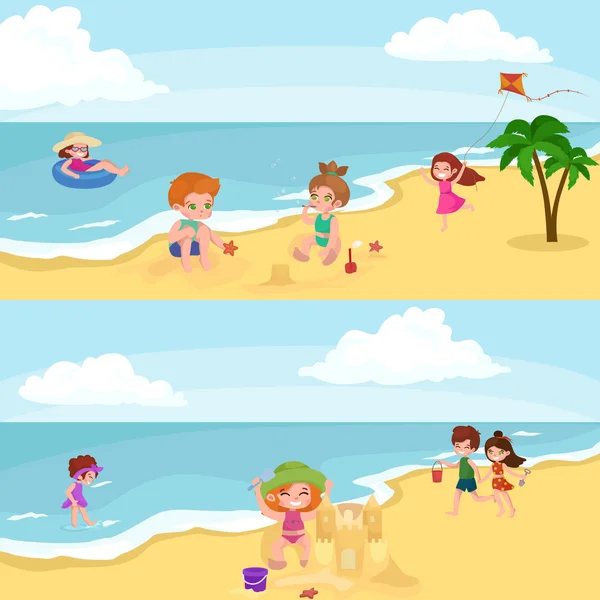 Enfants d'été. Enfants jouant dans le sable sur la plage — Image vectorielle