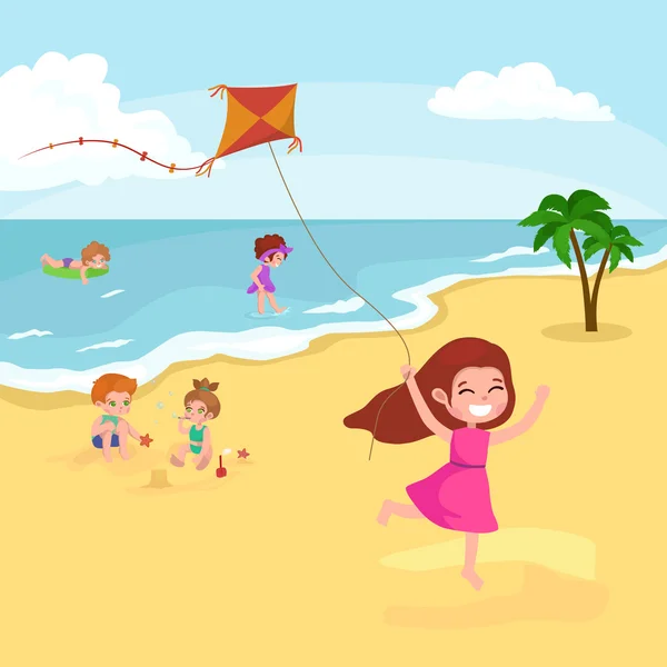Crianças de verão. Crianças brincando na areia na praia — Vetor de Stock