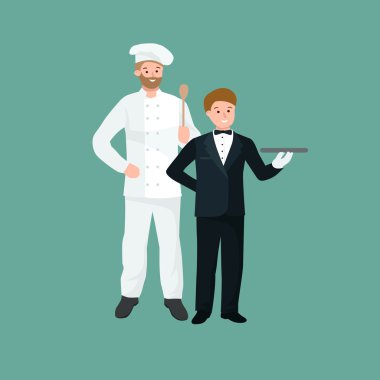 İzole restoranda çalışan garson. adam tepsi vektör çizim ile