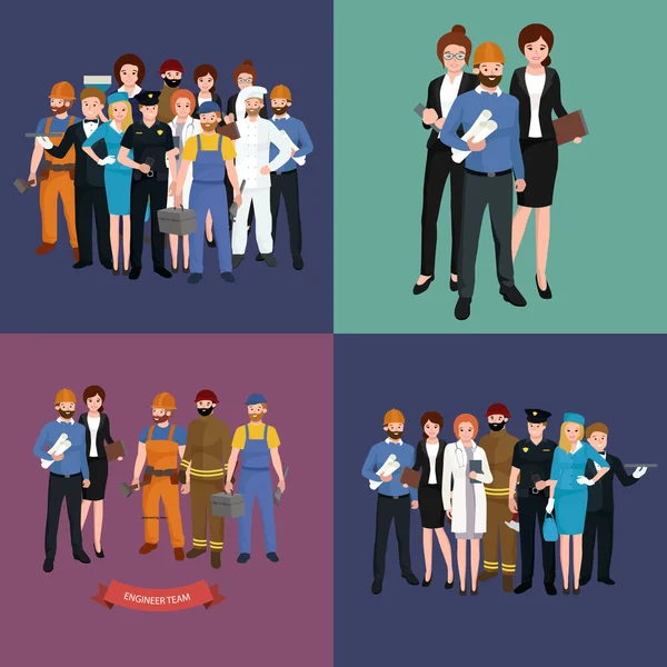 Equipo de trabajadores del sistema, uniforme de la gente de la profesión, ilustración del vector de dibujos animados — Vector de stock