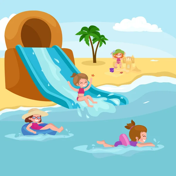 Dzieci wakacje letnie. Dzieci gry piasku wokół wody na plaży — Wektor stockowy