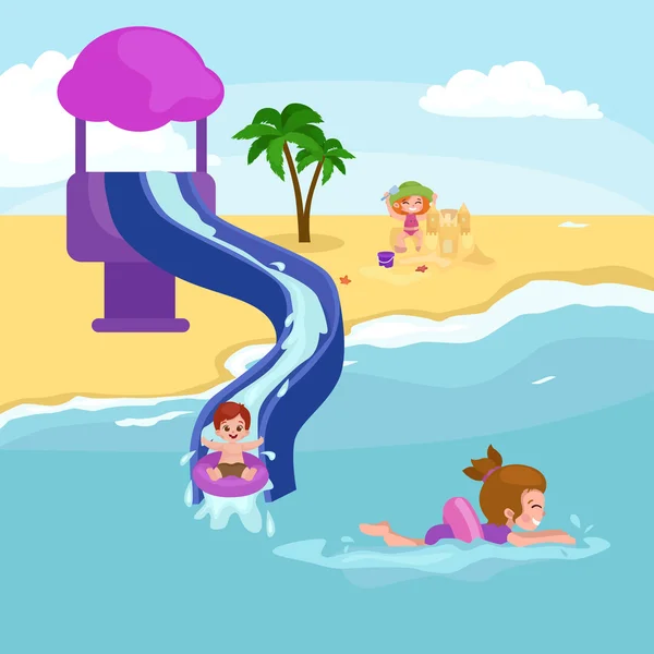 子供たちは夏休み。子供たちがビーチで水周り再生砂 — ストックベクタ