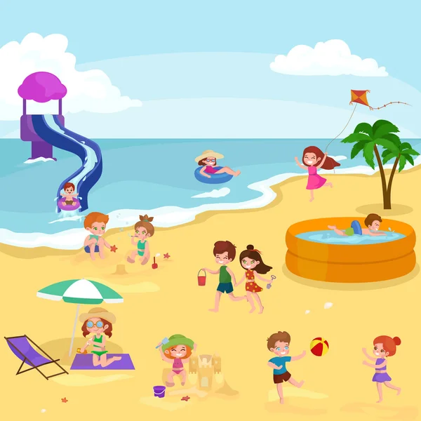 Vacaciones de verano para niños. Niños Jugando arena alrededor del agua en la playa — Vector de stock